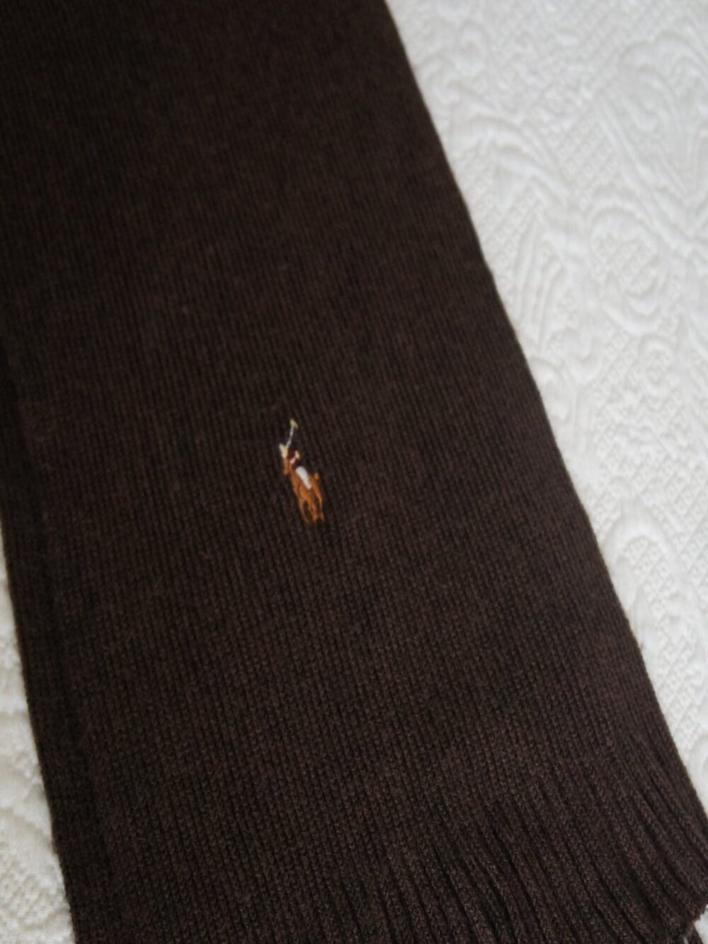 Polo Ralph Lauren 90s Vintage 100% Merino Wool Dark Brown Fringe Scarf - Picture 4 of 10